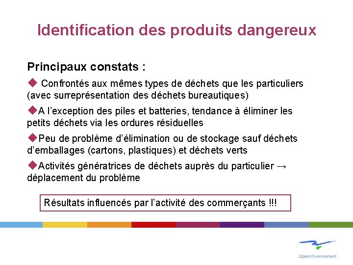 Identification des produits dangereux Principaux constats : Confrontés aux mêmes types de déchets que