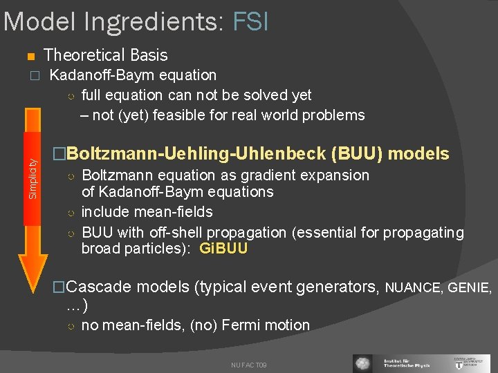 Model Ingredients: FSI Simplicity � Theoretical Basis Kadanoff-Baym equation ○ full equation can not
