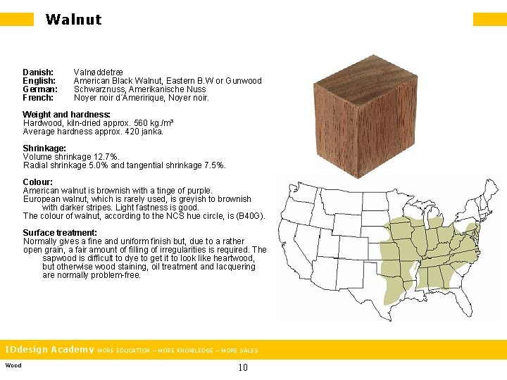 Walnut Danish: English: German: French: Valnøddetræ American Black Walnut, Eastern B. W or Gunwood