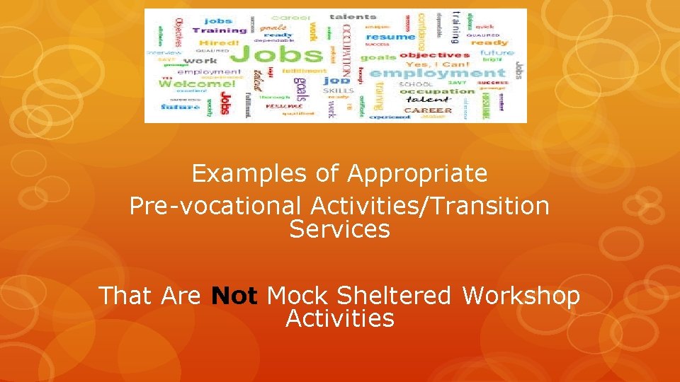 Examples of Appropriate Pre-vocational Activities/Transition Services That Are Not Mock Sheltered Workshop Activities 