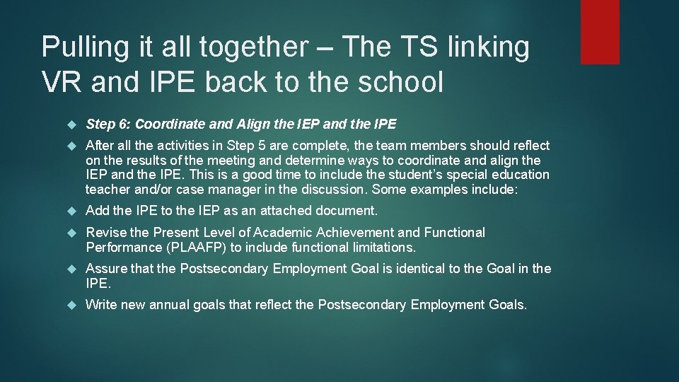 Pulling it all together – The TS linking VR and IPE back to the