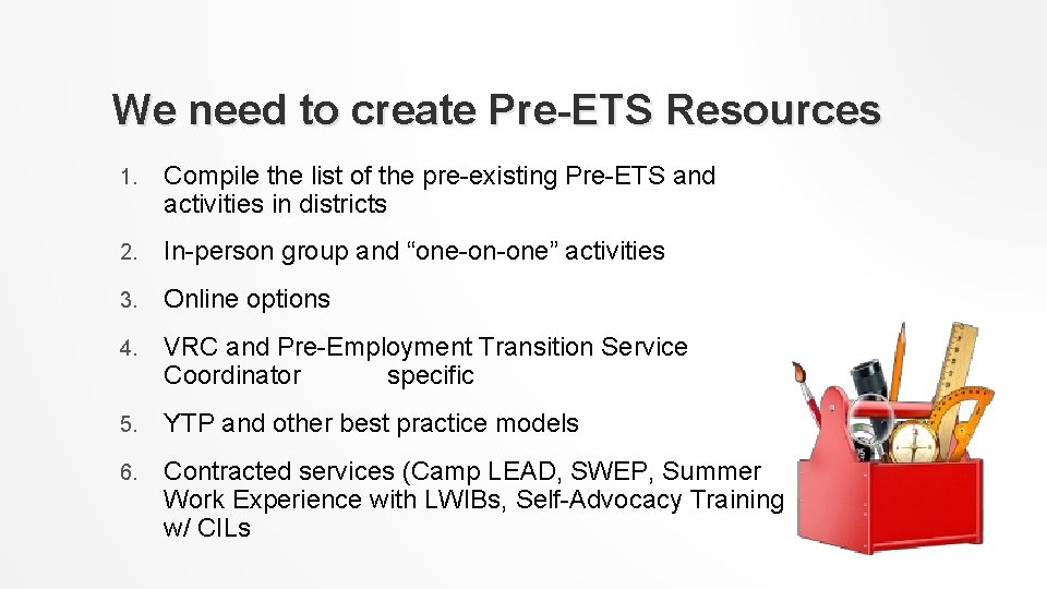 We need to create Pre-ETS Resources 1. Compile the list of the pre-existing Pre-ETS