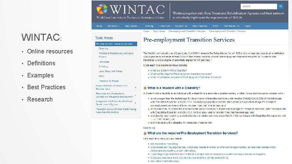 WINTAC: • Online resources • Definitions • Examples • Best Practices • Research 