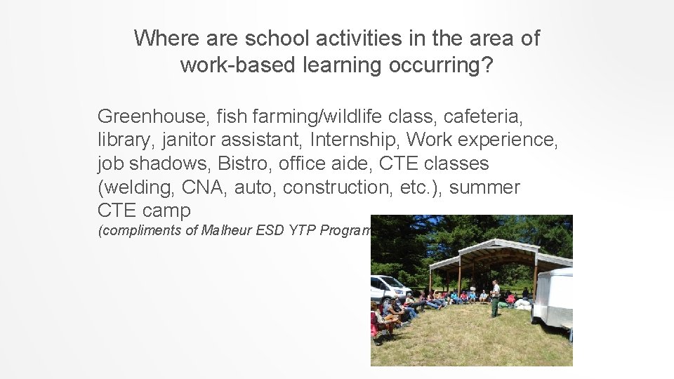 Where are school activities in the area of work-based learning occurring? Greenhouse, fish farming/wildlife