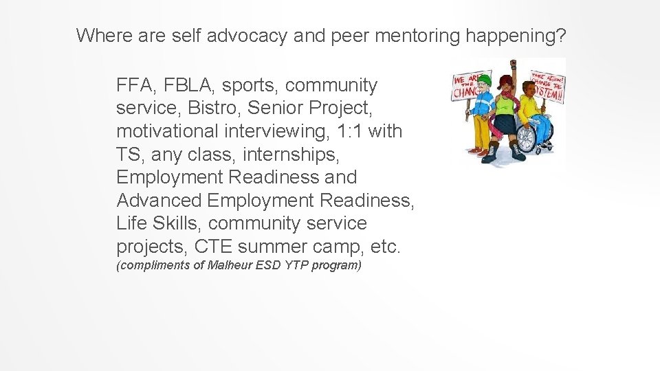 Where are self advocacy and peer mentoring happening? FFA, FBLA, sports, community service, Bistro,