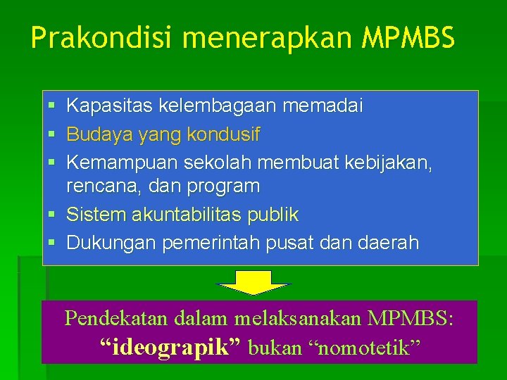 Prakondisi menerapkan MPMBS § § § Kapasitas kelembagaan memadai Budaya yang kondusif Kemampuan sekolah