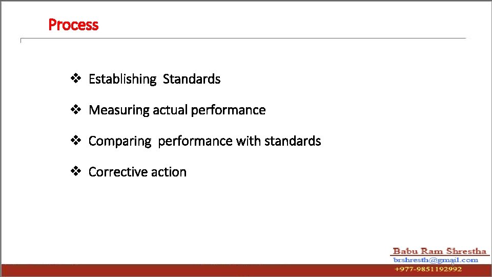 Process v Establishing Standards v Measuring actual performance v Comparing performance with standards v