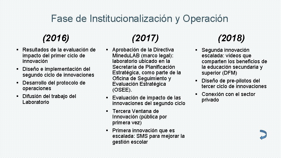 Fase de Institucionalización y Operación (2016) (2017) (2018) § Resultados de la evaluación de