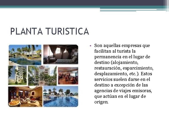 PLANTA TURISTICA • Son aquellas empresas que facilitan al turista la permanencia en el