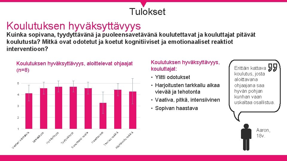 Tulokset Koulutuksen hyväksyttävyys Kuinka sopivana, tyydyttävänä ja puoleensavetävänä koulutettavat ja kouluttajat pitävät koulutusta? Mitkä