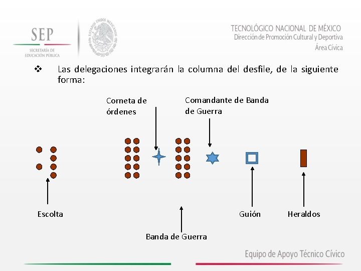 v Las delegaciones integrarán la columna del desfile, de la siguiente forma: Corneta de