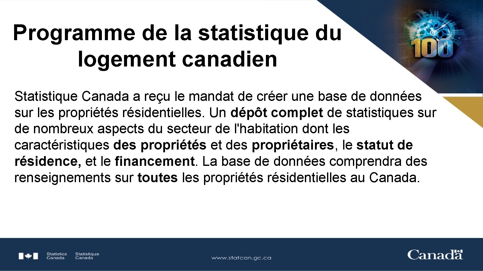 Programme de la statistique du logement canadien Statistique Canada a reçu le mandat de