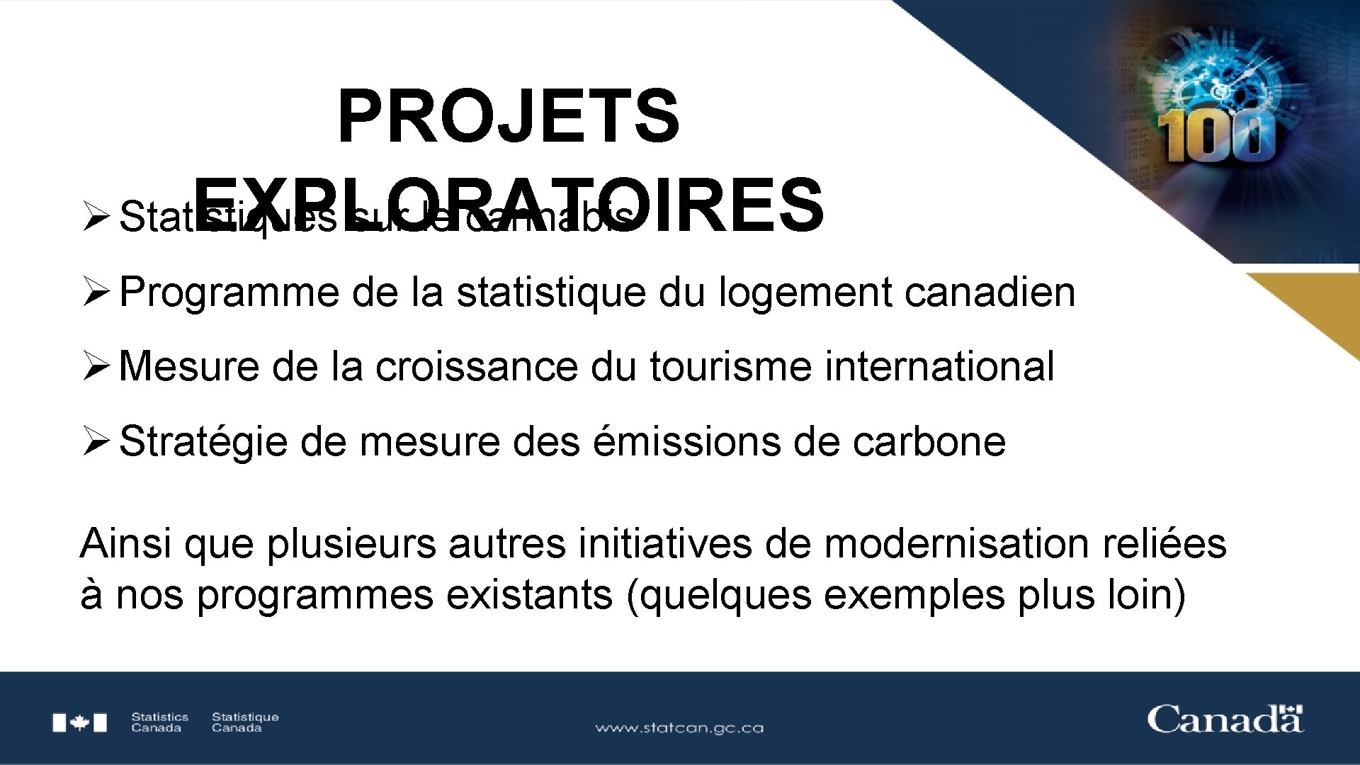 PROJETS EXPLORATOIRES Ø Statistiques sur le cannabis Ø Programme de la statistique du logement