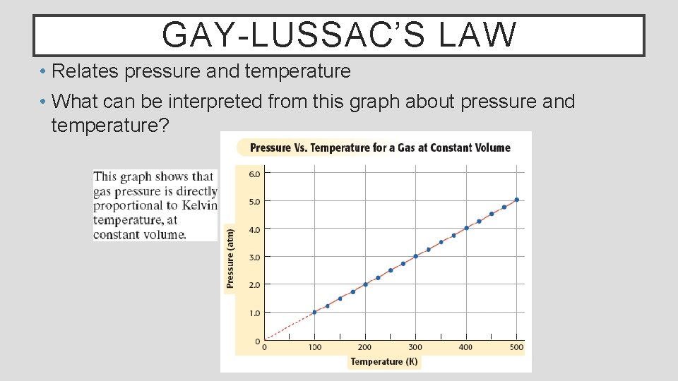GAY-LUSSAC’S LAW • Relates pressure and temperature • What can be interpreted from this
