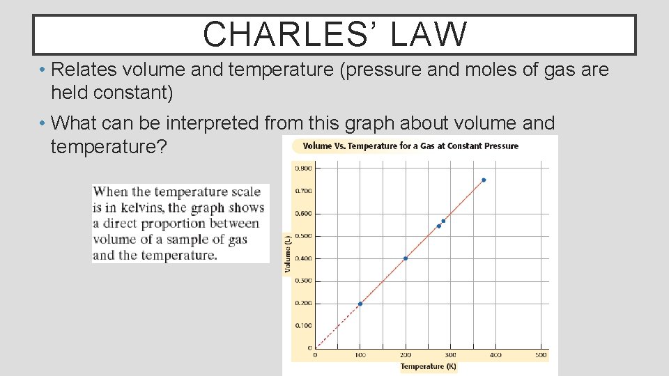 CHARLES’ LAW • Relates volume and temperature (pressure and moles of gas are held