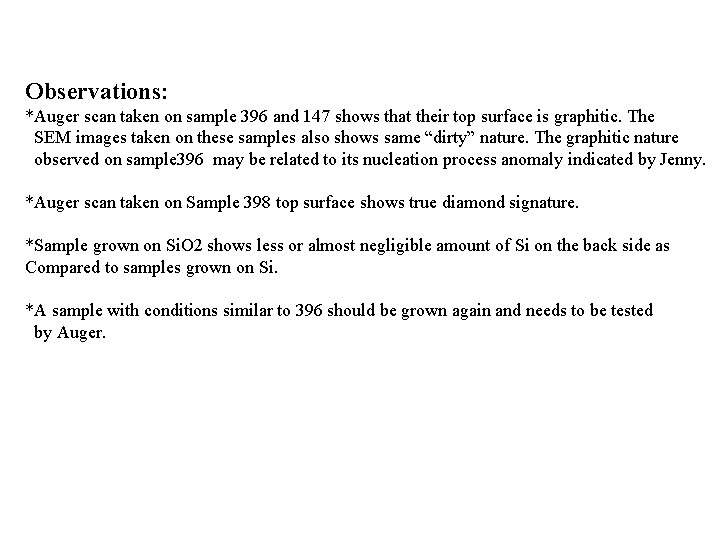 Observations: *Auger scan taken on sample 396 and 147 shows that their top surface