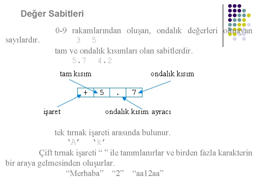 Değer Sabitleri Tamsayılar: 0 -9 rakamlarından oluşan, ondalık değerleri olmayan sayılardır. Örnek: 3 5