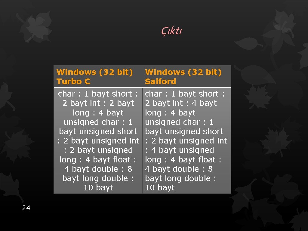 Çıktı 24 Windows (32 bit) Turbo C Windows (32 bit) Salford char : 1