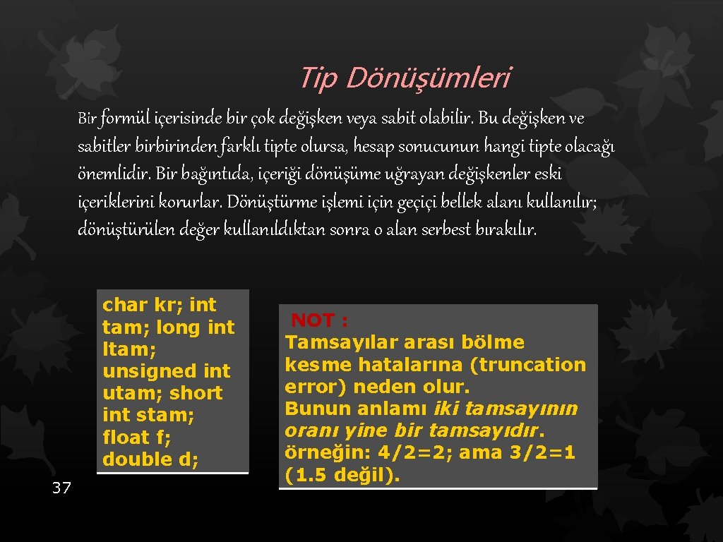 Tip Dönüşümleri Bir formül içerisinde bir çok değişken veya sabit olabilir. Bu değişken ve