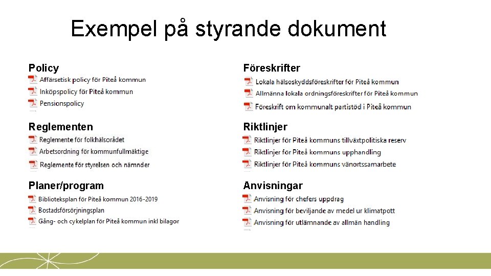 Exempel på styrande dokument Policy Föreskrifter Reglementen Riktlinjer Planer/program Anvisningar 