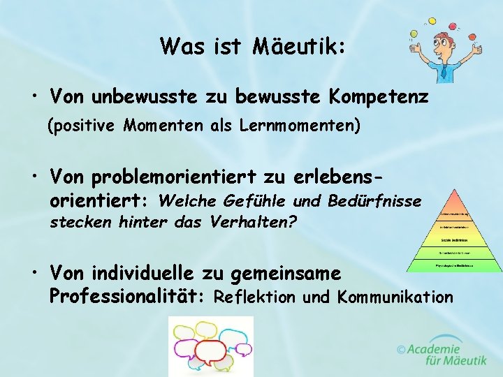 Was ist Mäeutik: • Von unbewusste zu bewusste Kompetenz (positive Momenten als Lernmomenten) •