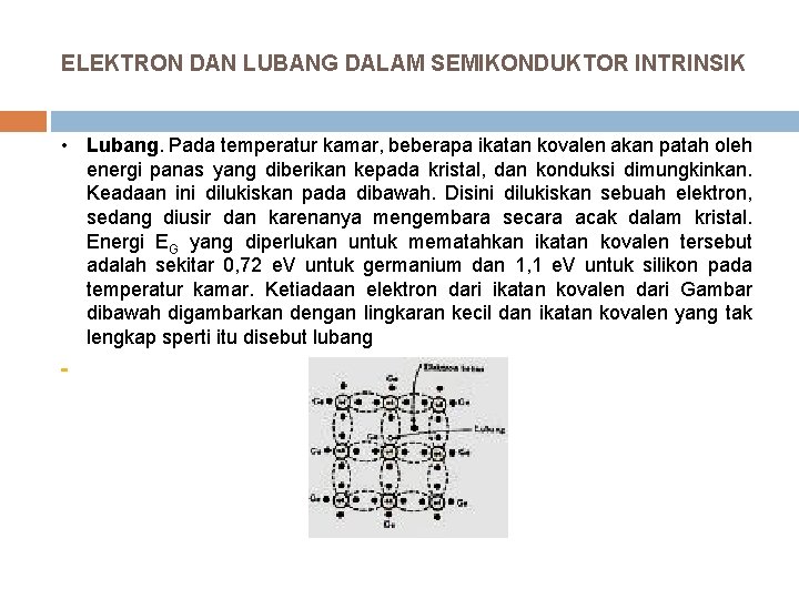 ELEKTRON DAN LUBANG DALAM SEMIKONDUKTOR INTRINSIK • Lubang. Pada temperatur kamar, beberapa ikatan kovalen