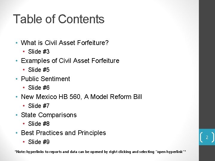 Table of Contents • What is Civil Asset Forfeiture? • Slide #3 • Examples