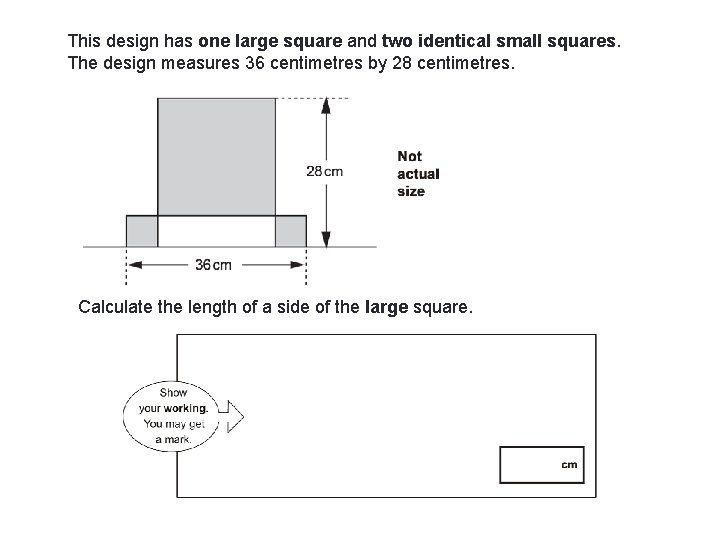 This design has one large square and two identical small squares. The design measures This design has one large square and two identical small squares. The design measures