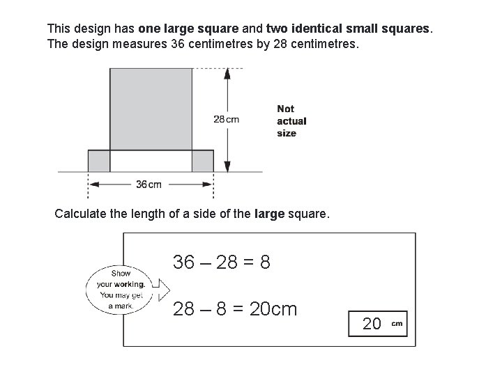 This design has one large square and two identical small squares. The design measures This design has one large square and two identical small squares. The design measures