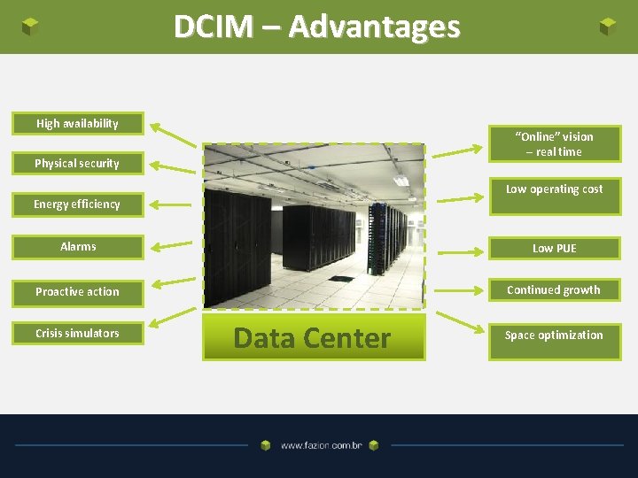 DCIM – Advantages High availability “Online” vision – real time Physical security Low operating