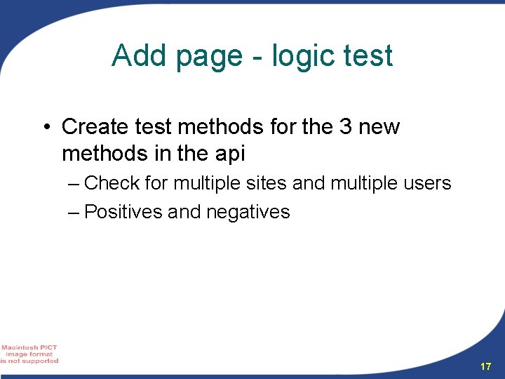 Add page - logic test • Create test methods for the 3 new methods