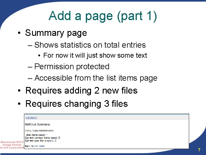 Add a page (part 1) • Summary page – Shows statistics on total entries