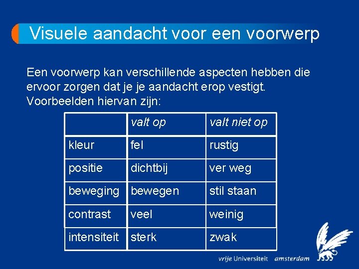 Visuele aandacht voor een voorwerp Een voorwerp kan verschillende aspecten hebben die ervoor zorgen