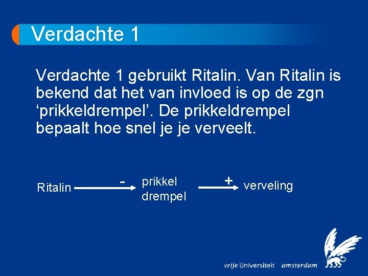 Verdachte 1 gebruikt Ritalin. Van Ritalin is bekend dat het van invloed is op