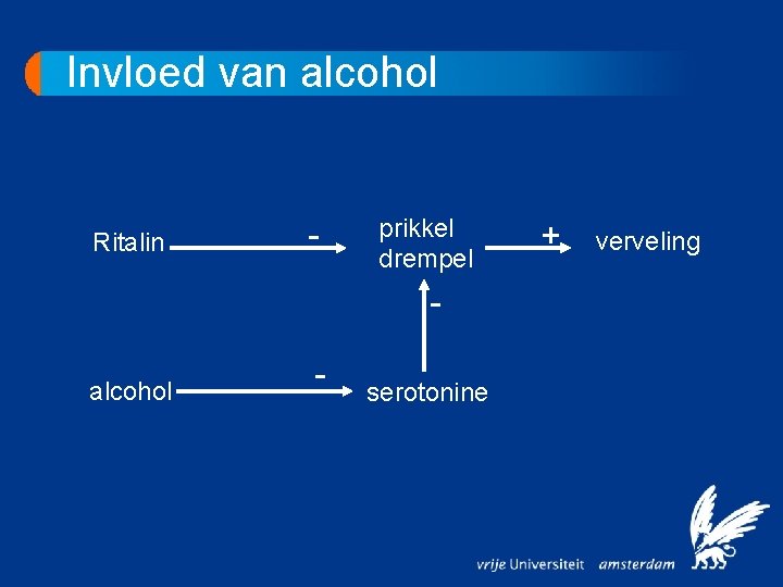 Invloed van alcohol Ritalin - alcohol - prikkel drempel serotonine + verveling 