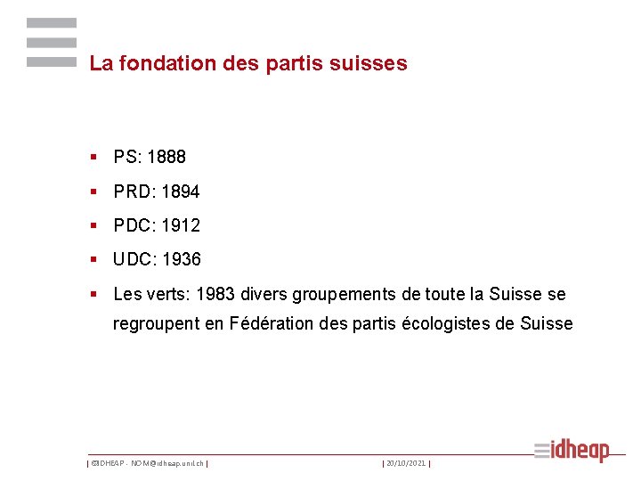La fondation des partis suisses § PS: 1888 § PRD: 1894 § PDC: 1912