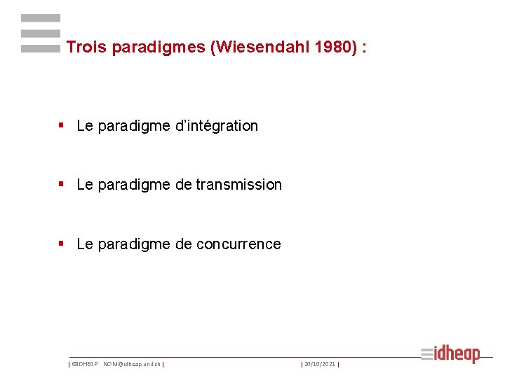 Trois paradigmes (Wiesendahl 1980) : § Le paradigme d’intégration § Le paradigme de transmission