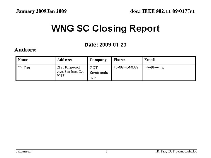 January 2009 Jan 2009 doc. : IEEE 802. 11 -09/0177 r 1 WNG SC