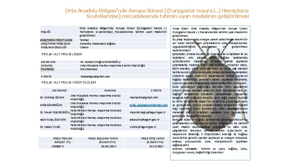 Orta Anadolu Bölgesi’nde Avrupa Sünesi [(Eurygaster maura L. ) Hemiptera: Scutelleridae] mücadelesinde tahmin uyarı