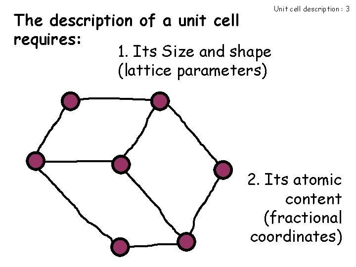 The description of a unit cell requires: 1. Its Size and shape (lattice parameters)