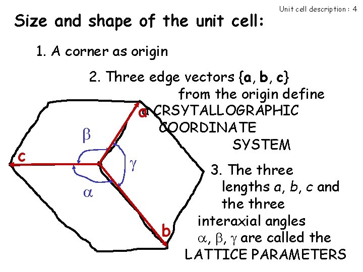 Size and shape of the unit cell: Unit cell description : 4 1. A