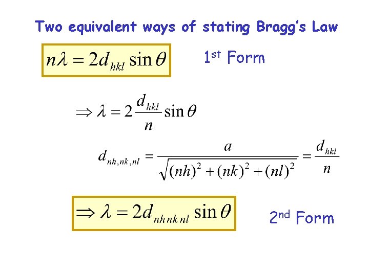 Two equivalent ways of stating Bragg’s Law 1 st Form 2 nd Form 