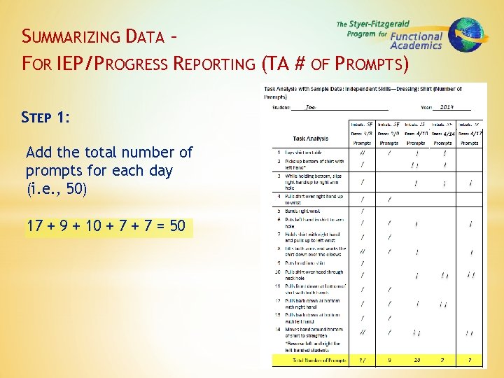 SUMMARIZING DATA – FOR IEP/PROGRESS REPORTING (TA # OF PROMPTS) STEP 1: Add the