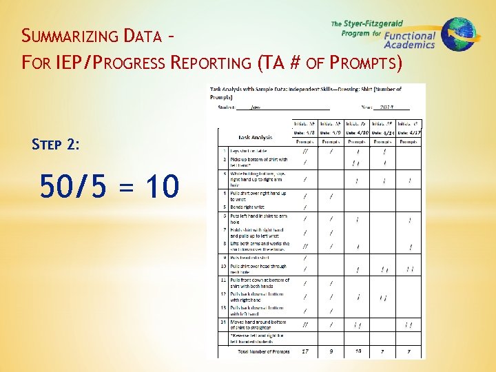 SUMMARIZING DATA – FOR IEP/PROGRESS REPORTING (TA # OF PROMPTS) STEP 2: 50/5 =