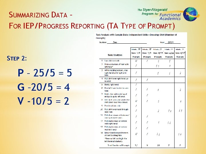 SUMMARIZING DATA – FOR IEP/PROGRESS REPORTING (TA TYPE OF PROMPT) STEP 2: P –