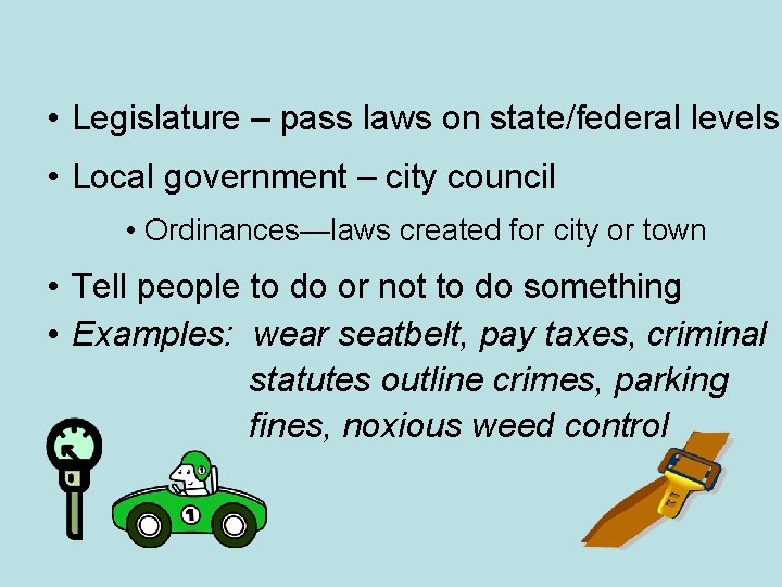  • Legislature – pass laws on state/federal levels • Local government – city
