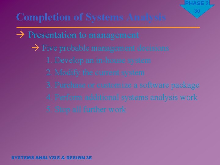 Completion of Systems Analysis PHASE 2 30 à Presentation to management à Five probable