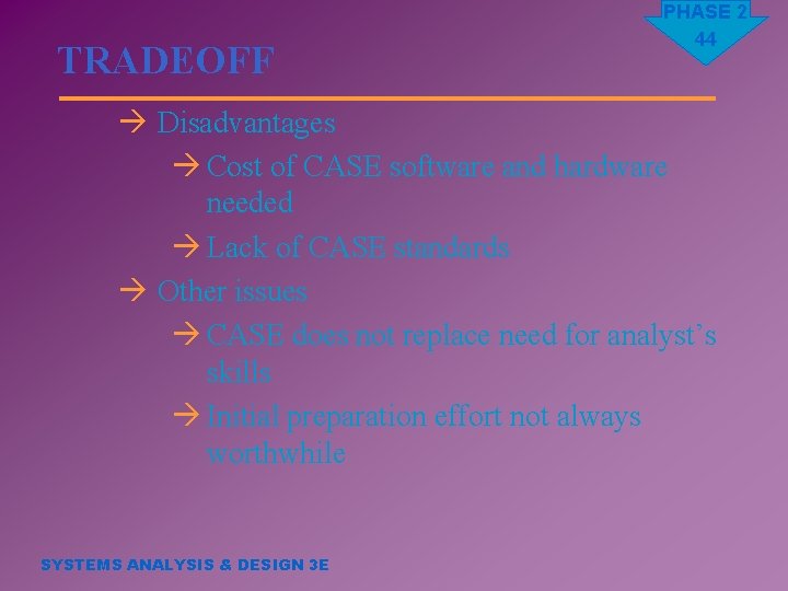 TRADEOFF PHASE 2 44 à Disadvantages à Cost of CASE software and hardware needed
