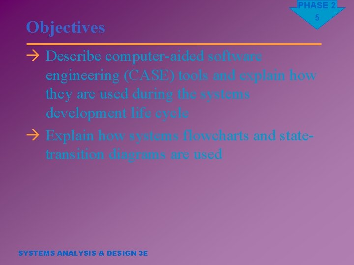 Objectives PHASE 2 5 à Describe computer-aided software engineering (CASE) tools and explain how
