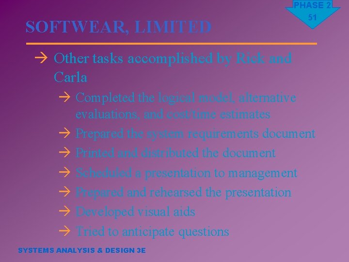 SOFTWEAR, LIMITED PHASE 2 51 à Other tasks accomplished by Rick and Carla à